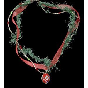 Abstract Floral Holiday Themed Red And Green Pendant Necklace